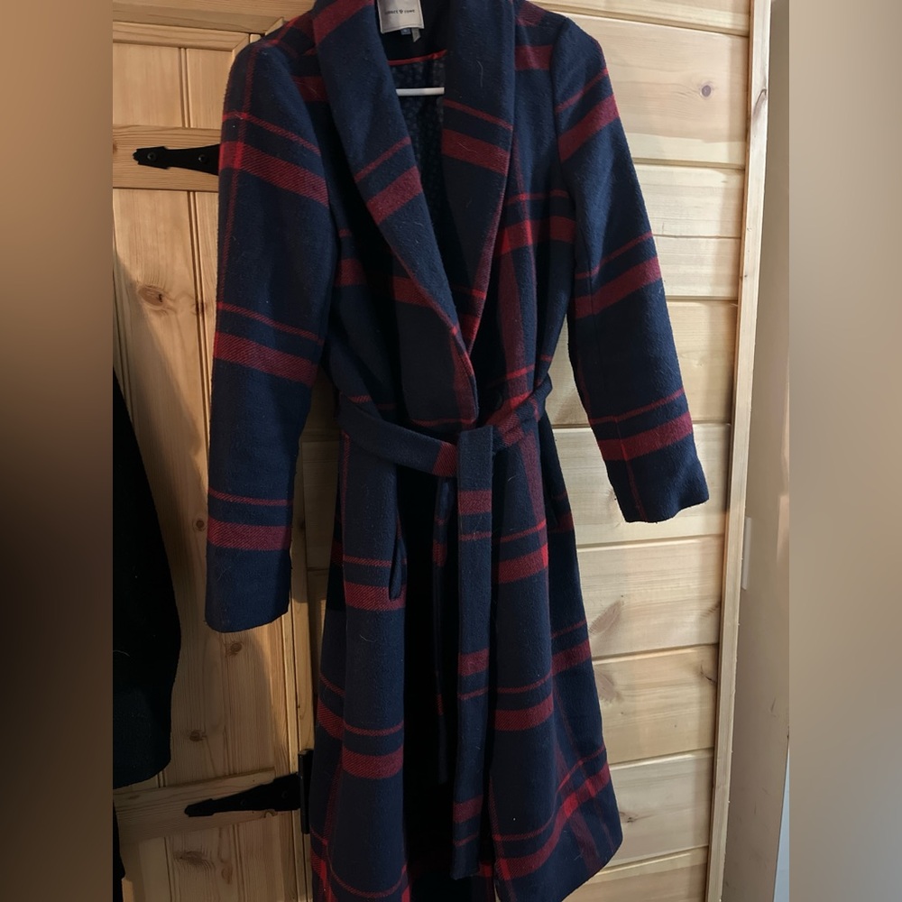 Navy blue and red plaid long coat. In good condition.